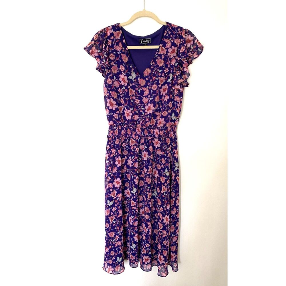 Everlily Prairie Boho Floral Flutter Sleeve Lined Midi Elastic Waist Dress Sz M